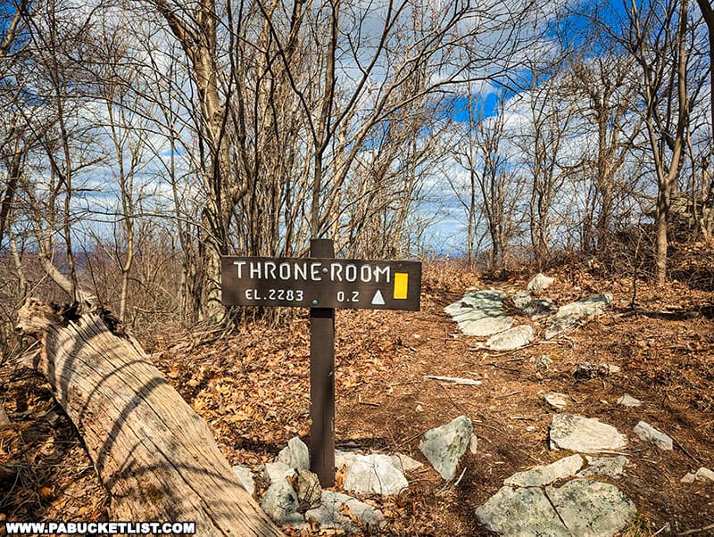 The Throne Room is located along a short yellow-blazed spur of the orange-blazed Standing Stone Trail.