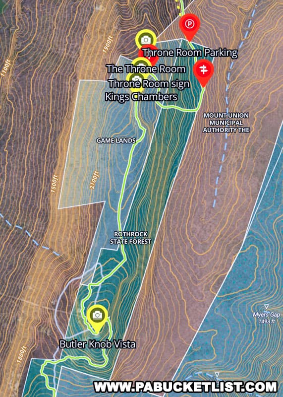 Map showing the route from the Throne Room to other nearby vistas to the south along the Standing Stone Trail.