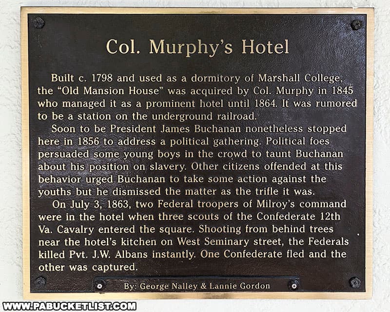 Historical plaque attached to the former Colonel Murphy's Hotel in Mercersburg Pennsylvania.
