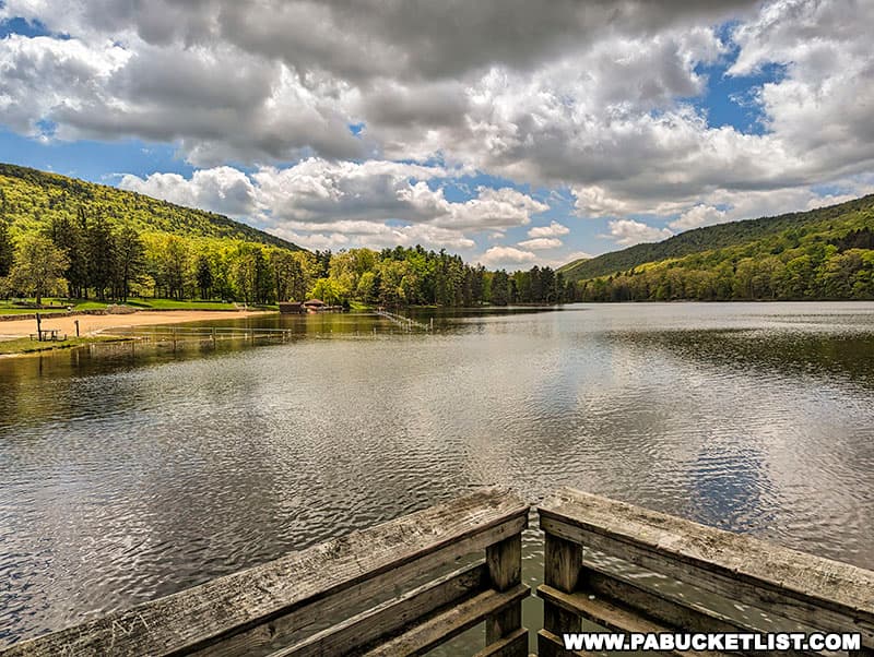 Springtime view from a fishing pier at Cowans Gap State Park in Fulton County, Pennsylvania.