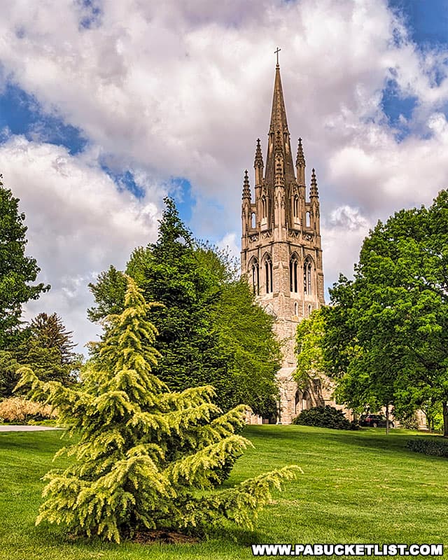 The Irvine Chapel spire in Mercersburg is a replica of St. Mary the Virgin in Oxford, England.