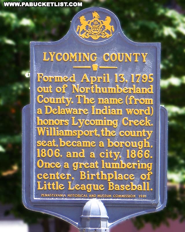 Lycoming County historical marker in Williamsport.