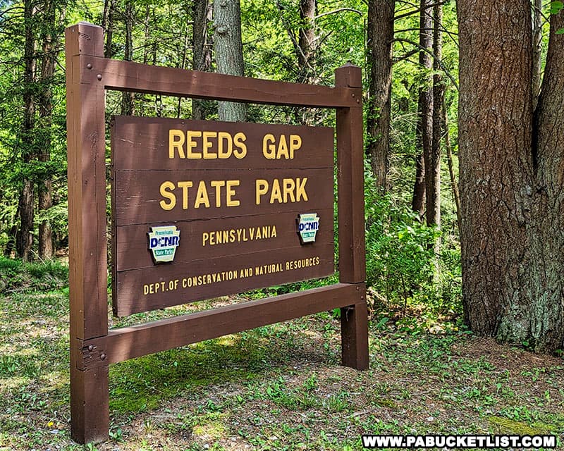 Reeds Gap State Park sign in Mifflin County Pennsylvania.