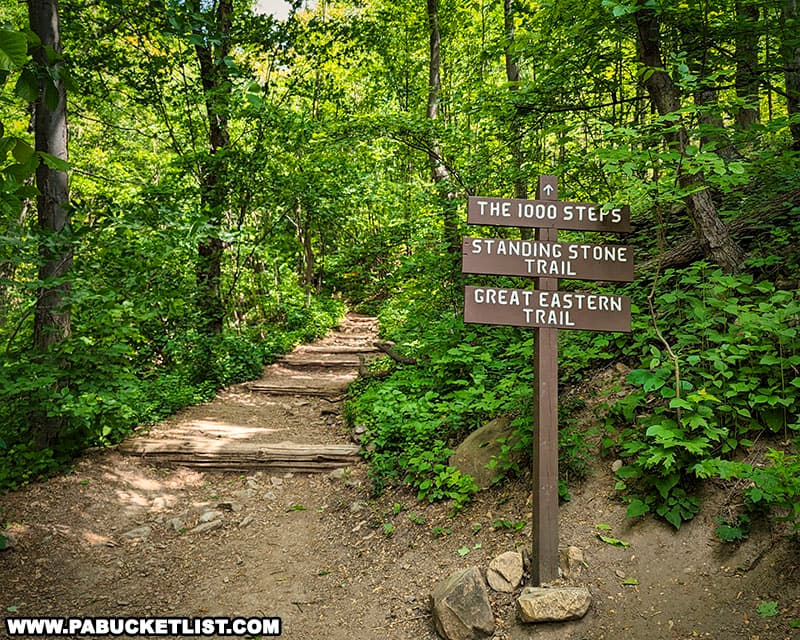 1000 Steps trail sign along the Standing Stone Trail in Huntingdon County Pennsylvania.