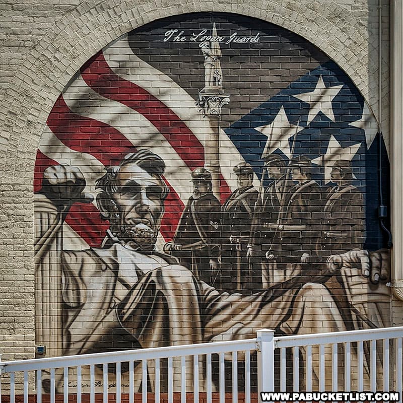 A mural honoring the volunteer militia company known as the Logan Guards of Lewistown, formed just prior to the Civil War.