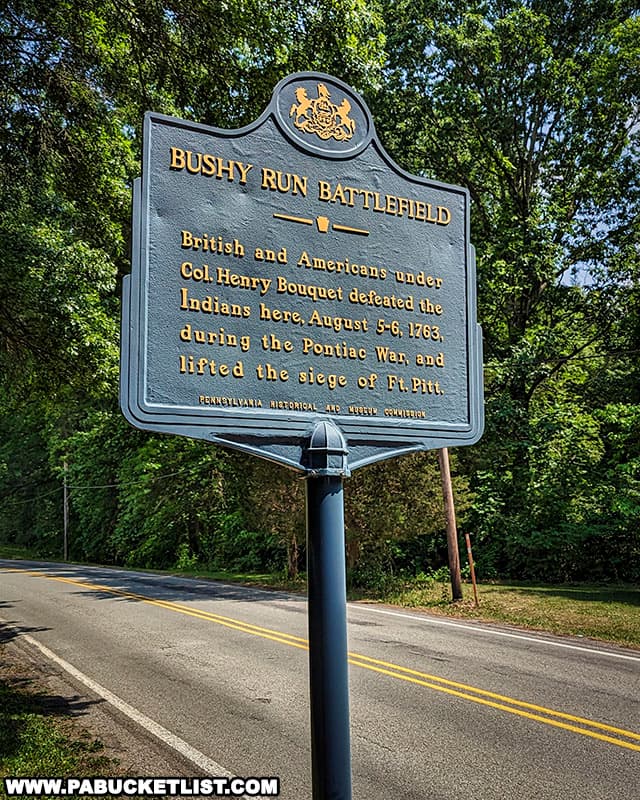 Bushy Run Battlefield historical marker along Route 993 in Westmoreland County Pennsylvania.