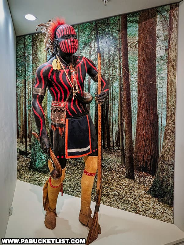 A mannequin in the Visitor Center depicting what a Native American combatant at the Battle of Bushy Run might have looked like.