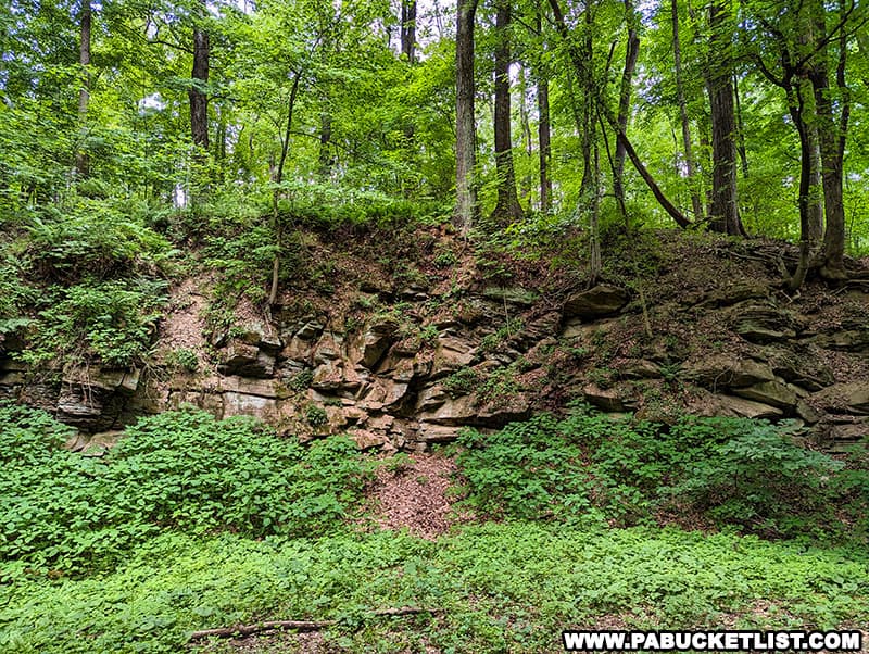 Remnants of a sandstone quarry on the eastern side of the Bushy Run Battlefield site in Westmoreland County Pennsylvania.