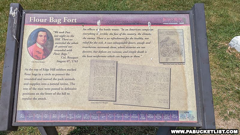 An informational sign near the site where Colonel Bouquet ordered the "Flour Bag Fort" be built on Edge Hill during the Battle of Bushy Run.