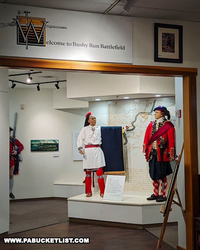 The museum inside the Visitor Center at Bushy Run Battlefield offers a variety of interpretive exhibits and displays related to the battle and time period.