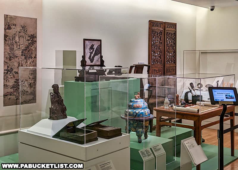 The rear gallery at the Maridon Museum features an exhibit of objects relating to the world of the Chinese scholar.