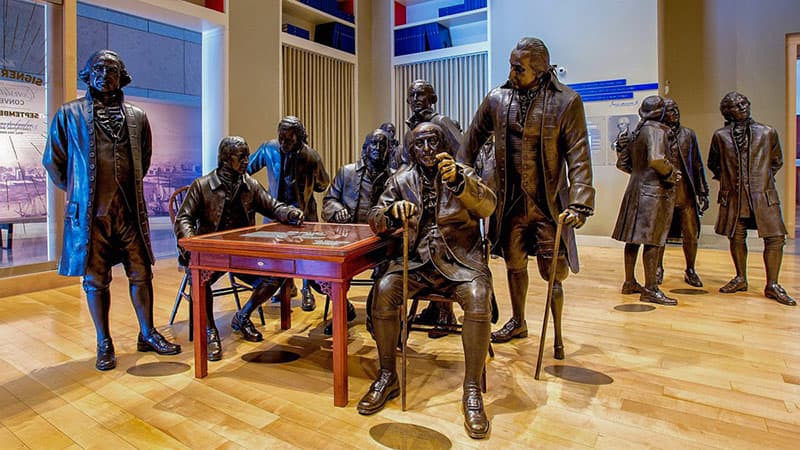 Signers Hall at the National Constitution Center in Philadelphia features 42 life-size, bronze statues of the Founding Fathers.