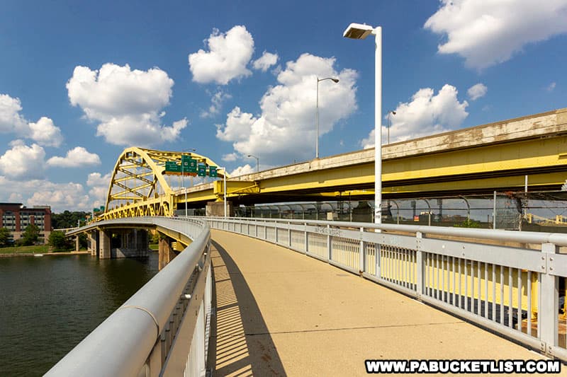The Fort Duquesne Pedestrian Walkway connects the North Shore to Point State Park in Pittsburgh Pennsylvania.