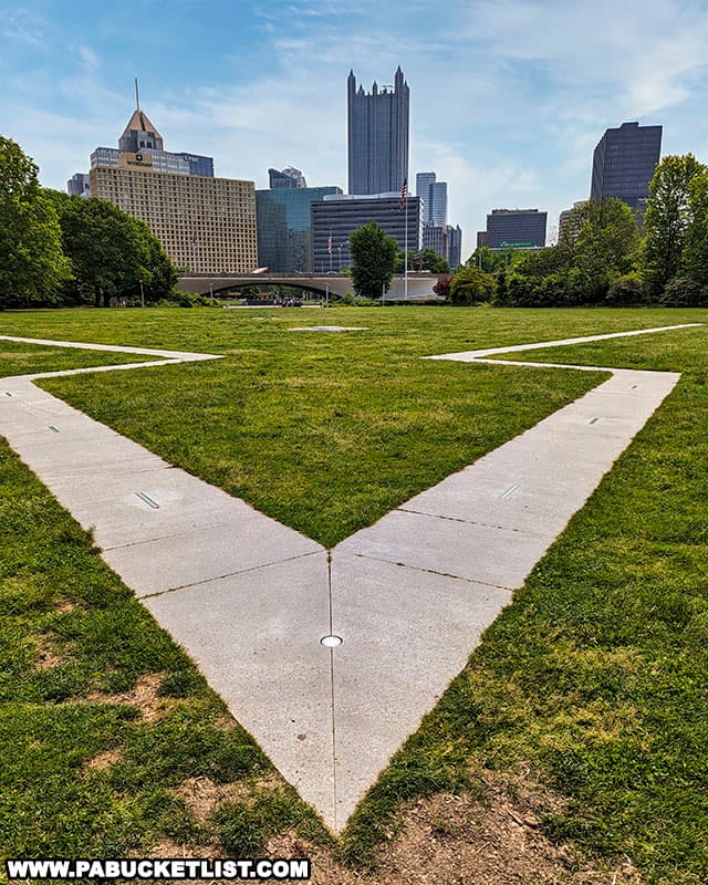 The concrete tracery marking the original outline of Fort Duquesne at Point State Park in Pittsburgh Pennsylvania.