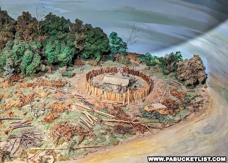 A diorama showing what Fort Prince George might have looked like near the location of the present-day fountain at Point State Park.