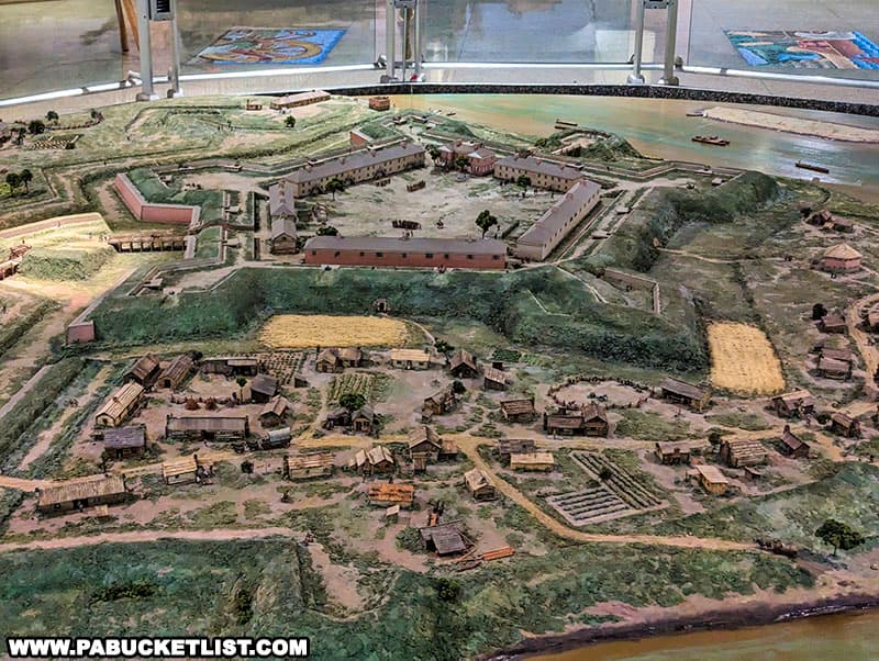 Scale model of Fort Pitt and the surrounding structures of early Pittsburgh.