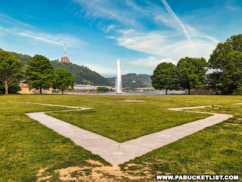 Looking across the Great Lawn towards the fountain at Point State Park in Pittsburgh Pennsylvania.