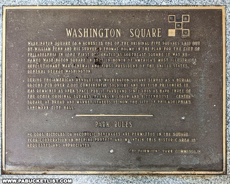 Washington Square is one of the five original squares in Philadelphia laid out by William Penn.