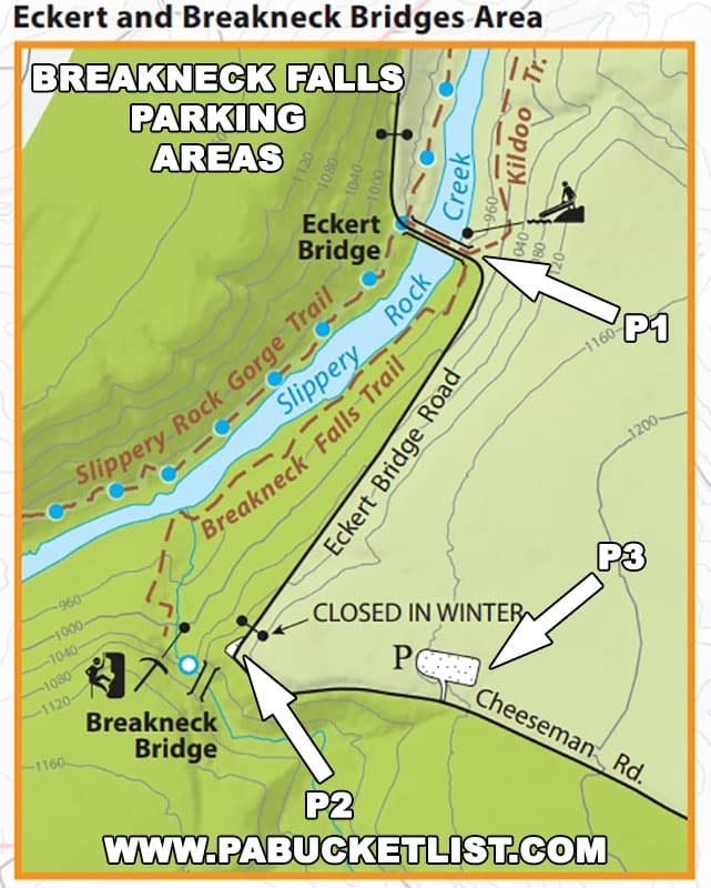 The 3 parking areas closest to Breakneck Falls at McConnell's Mill State Park.