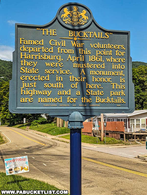 The Bucktails historical marker located next to the post office in Driftwood Pennsylvania.
