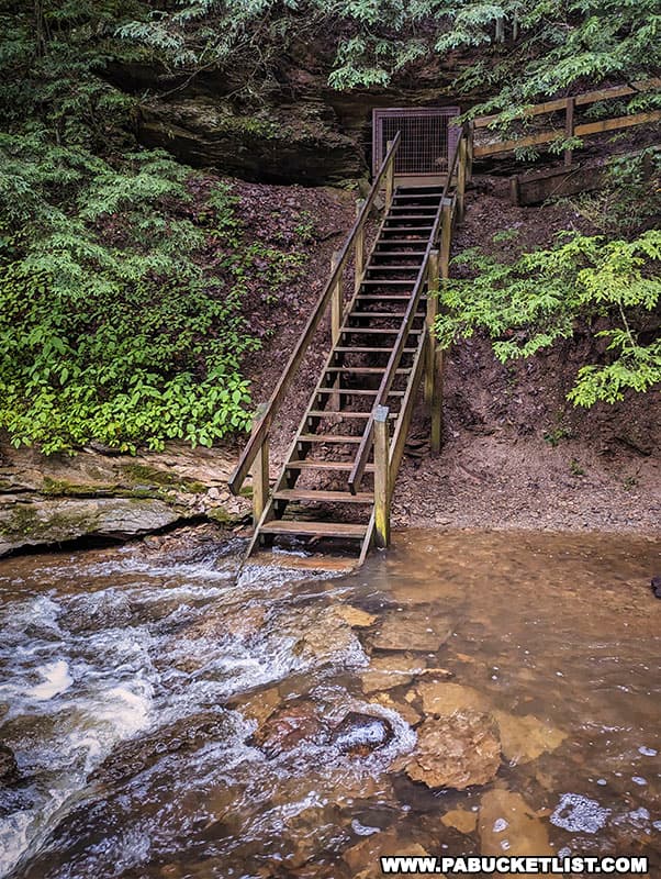 Wet crossing of Hell Run near the base of Hells Hollow Falls.