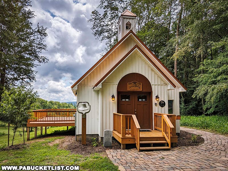 The Little Chapel in the Woods measures 20 by 24 feet, and has a 25-foot-tall steeple.