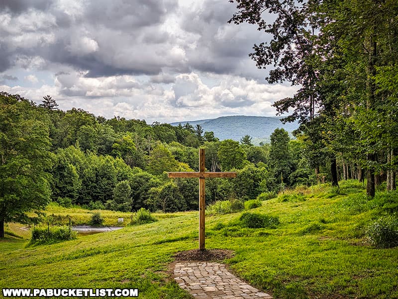 The wooden cross behind the Little Chapel in the Woods.