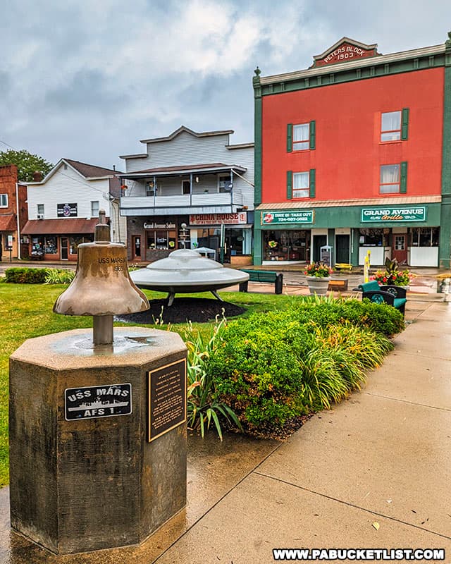 The Mars Flying Saucer occupies a prominent position in a parklet in downtown.