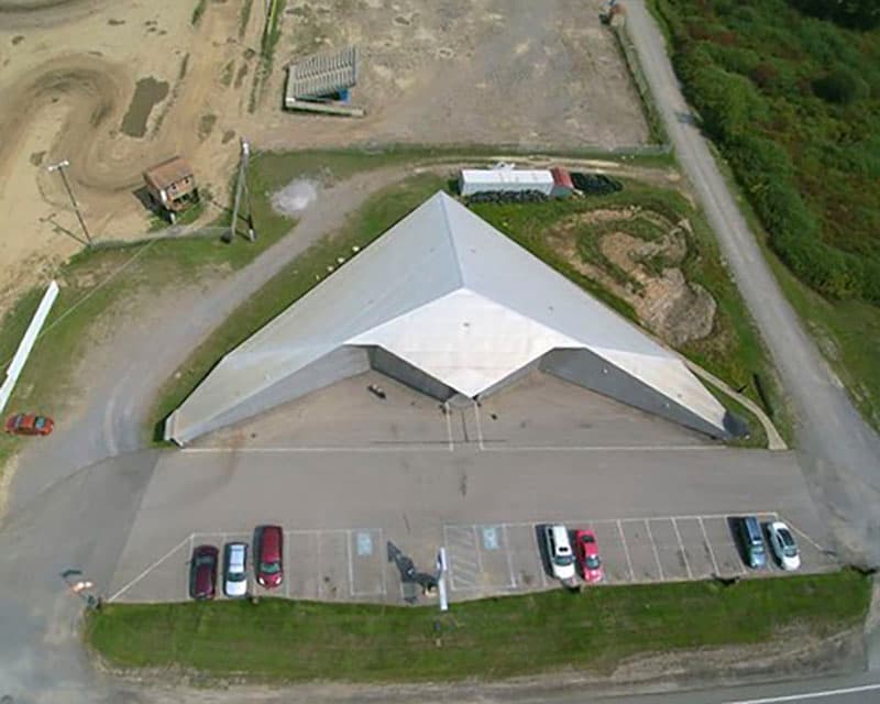 Aerial view of Playthings, Etc - the stealth bomber shaped toy store in Butler County Pennsylvania.