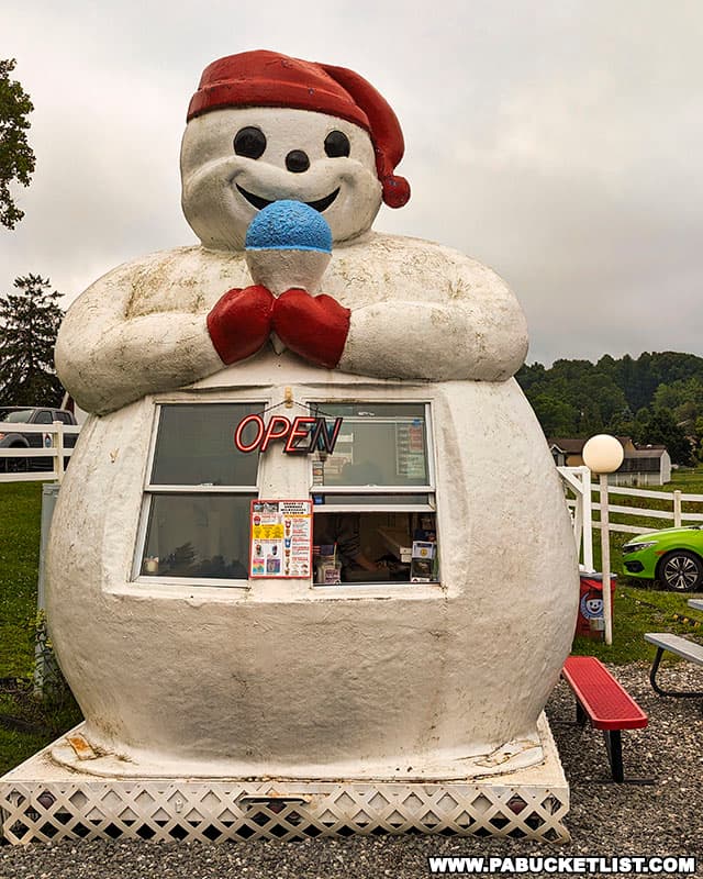 The Snowman is a one-of-a-kind concession standing 13 feet tall and made of fiberglass.