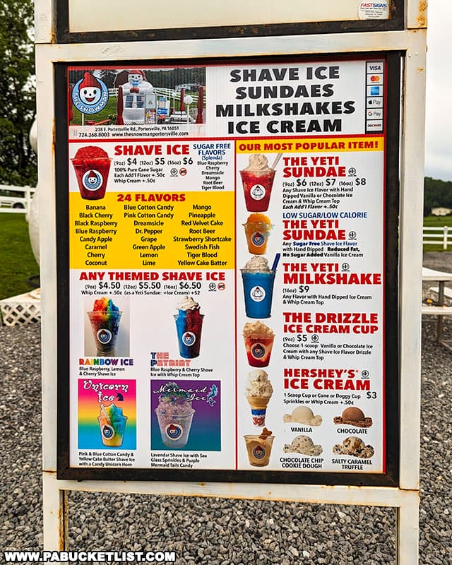 The Snowman sells shaved ice, sundaes, milkshakes, and ice cream.