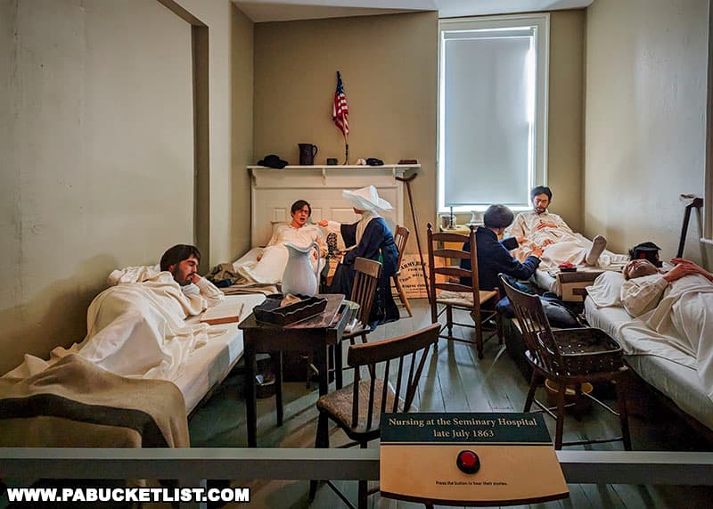 A diorama showing how the Seminary was turned into a hospital during and after the Battle of Gettysburg.