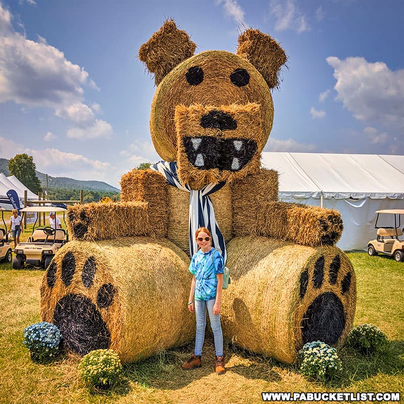 A Penn State Nittany Lion constructed from hay bales on display at Ag Progress Dyas in Center County.