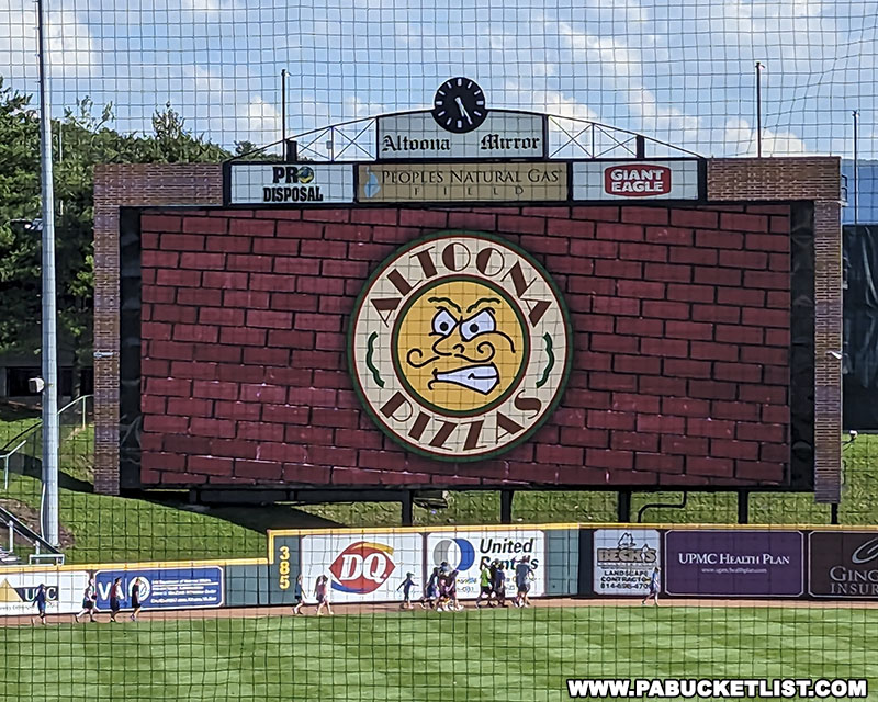 The Altoona Pizzas logo on the scoreboard at Peoples Gas Stadium.
