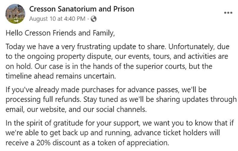 Cresson Sanatorium and Prison social media announcement in August 2023.