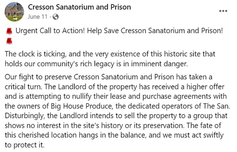 Cresson Sanatorium and Prison social media announcement in June 2023.