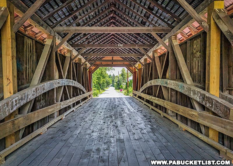 Interior of the Hassenplug Covered Bridge in Union County Pennsylvania.