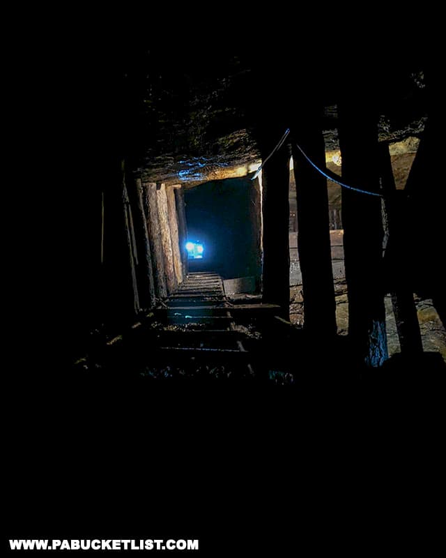 Looking up through a 400 foot-long ventilation shaft inside the Pioneer Tunnel Coal Mine in Ashland.