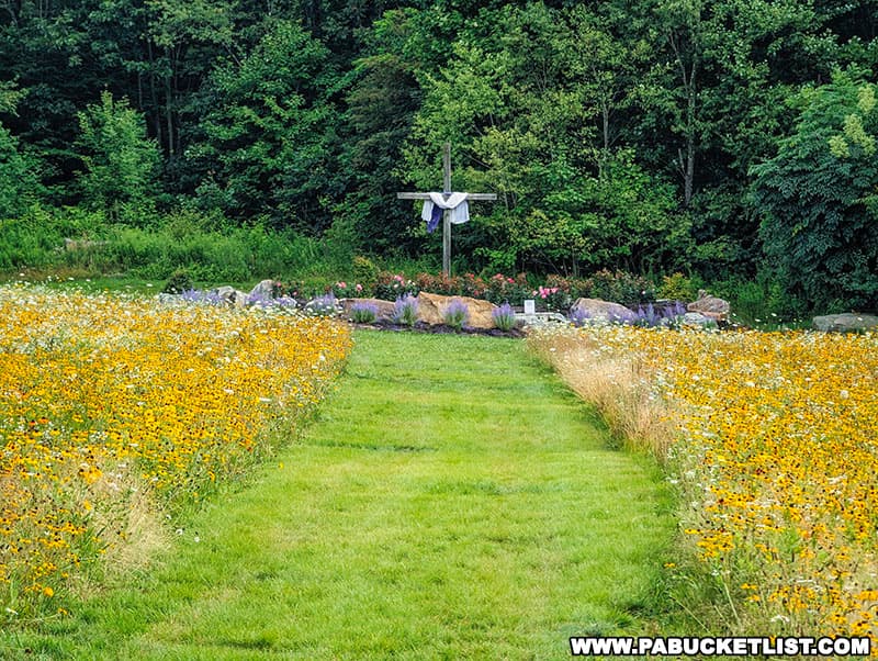 The path leading from the fountain to the Cross at the Remember Me Rose Garden passes though a meadow of wildflowers.