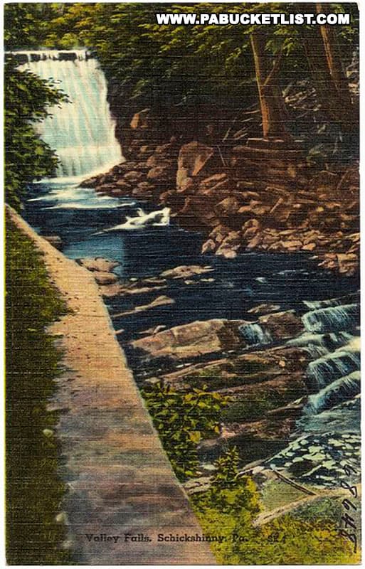 Vintage postcard image of the dam above Little Shickshinny Falls.