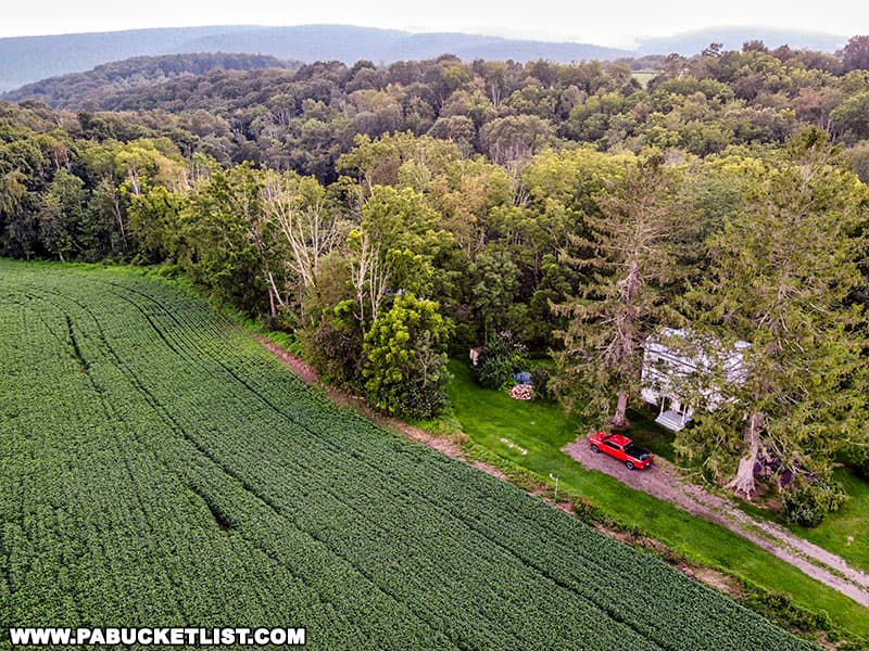 The Hyview Hideaway and star bubble sits on a secluded plot of land surrounded by mature trees and farm fields in Columbia County Pennsylvania.