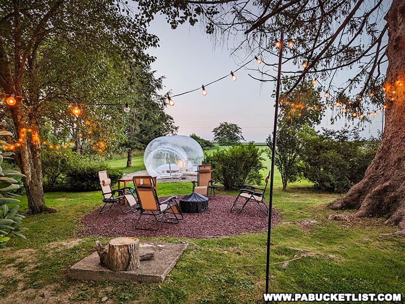 Fire pit next to the star bubble at the Hyview Hideaway near Stillwater Pennsylvania.