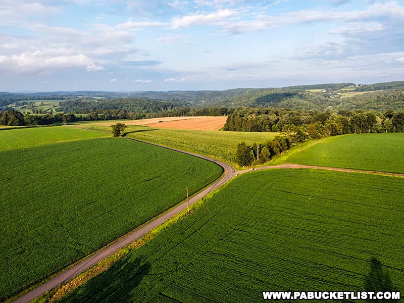 An aerial view of the pastures surrounding the star bubble and Hyview Hideaway in Columbia County Pennsylvania.