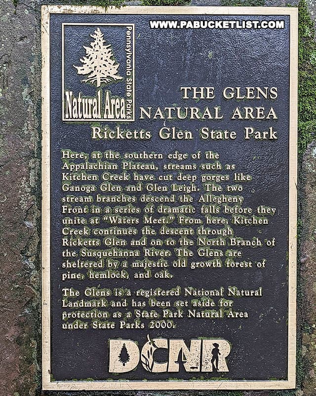 The Glens Natural Area plaque near the Route 118 Falls Trail trailhead at Ricketts Glen State Park.