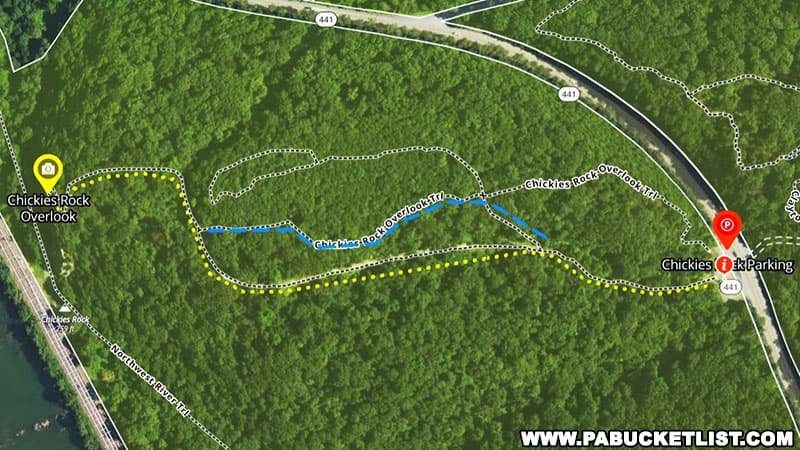 The main trail leading to Chickies Rock is show in yellow on this map.