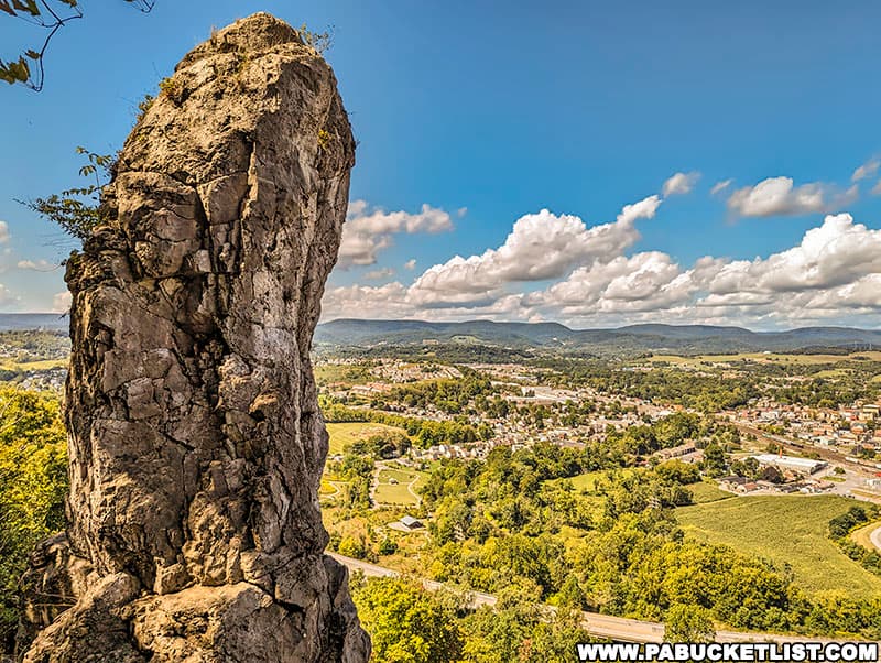 Close-up view of one of the "chimney" rock formations high above Hollidaysburg Pennsylvania.