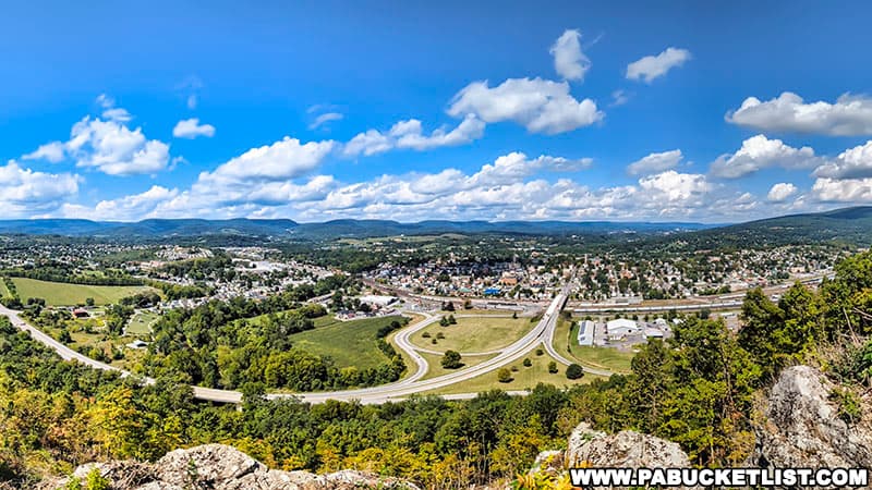 The panoramic view from the upper overlook at Chimney Rocks Park on a summer afternoon in Blair County Pennsylvania.