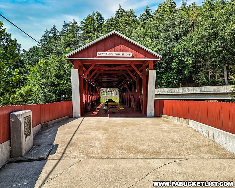 A view of the West Paden Twin Bridge from the concrete pier between the two bridges in Columbia County Pennsylvania.