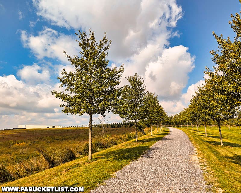 The tree-lined hiking trail between the Memorial Plaza and the Visitor Center at the Flight 93 National Memorial near Shanksville Pennsylvania.