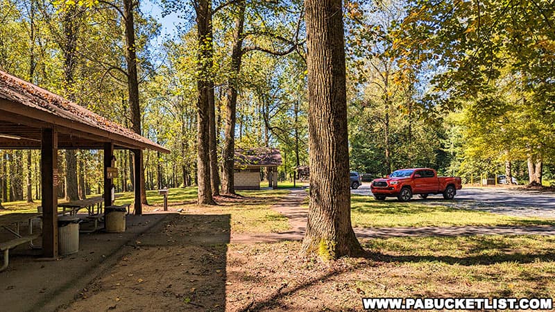 Picnic pavilion and restrooms near Hawk Point Overlook at Susquehannock State Park in Lancaster County Pennsylvania.